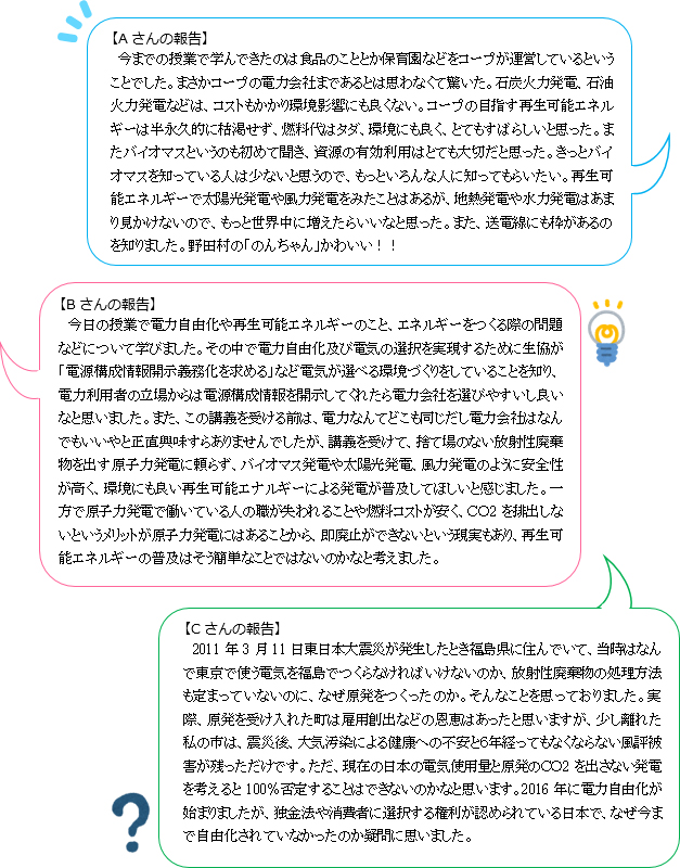 【Aさんの報告】今までの授業で学んできたのは食品のこととか保育園などをコープが運営しているということでした。まさかコープの電力会社まであるとは思わなくて驚いた。石炭火力発電、石油火力発電などは、コストもかかり環境影響にも良くない。コープの目指す再生可能エネルギーは半永久的に枯渇せず、燃料代はタダ、環境にも良く、とてもすばらしいと思った。またバイオマスというのも初めて聞き、資源の有効利用はとても大切だと思った。きっとバイオマスを知っている人は少ないと思うので、もっといろんな人に知ってもらいたい。再生可能エネルギーで太陽光発電や風力発電をみたことはあるが、地熱発電や水力発電はあまり見かけないので、もっと世界中に増えたらいいなと思った。また、送電線にも枠があるのを知りました。野田村の「のんちゃん」かわいい！！【Bさんの報告】今日の授業で電力自由化や再生可能エネルギーのこと、エネルギーをつくる際の問題などについて学びました。その中で電力自由化及び電気の選択を実現するために生協が「電源構成情報開示義務化を求める」など電気が選べる環境づくりをしていることを知り、電力利用者の立場からは電源構成情報を開示してくれたら電力会社を選びやすいし良いなと思いました。また、この講義を受ける前は、電力なんてどこも同じだし電力会社はなんでもいいやと正直興味すらありませんでしたが、講義を受けて、捨て場のない放射性廃棄物を出す原子力発電に頼らず、バイオマス発電や太陽光発電、風力発電のように安全性が高く、環境にも良い再生可能エナルギーによる発電が普及してほしいと感じました。一方で原子力発電で働いている人の職が失われることや燃料コストが安く、ＣＯ2を排出しないというメリットが原子力発電にはあることから、即廃止ができないという現実もあり、再生可能エネルギーの普及はそう簡単なことではないのかなと考えました。【Cさんの報告】2011年3月11日東日本大震災が発生したとき福島県に住んでいて、当時はなんで東京で使う電気を福島でつくらなければいけないのか、放射性廃棄物の処理方法も定まっていないのに、なぜ原発をつくったのか。そんなことを思っておりました。実際、原発を受け入れた町は雇用創出などの恩恵はあったと思いますが、少し離れた私の市は、震災後、大気汚染による健康への不安と６年経ってもなくならない風評被害が残っただけです。ただ、現在の日本の電気使用量と原発のＣＯ2を出さない発電を考えると100％否定することはできないのかなと思います。2016年に電力自由化が始まりましたが、独金法や消費者に選択する権利が認められている日本で、なぜ今まで自由化されていなかったのか疑問に思いました。