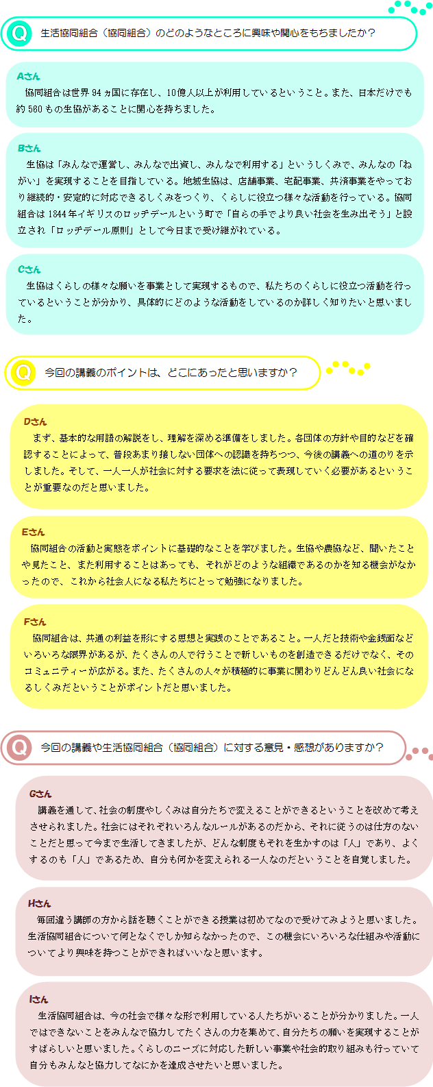 生活協同組合（協同組合）のどのようなところに興味や関心をもちましたか？Ａさん協同組合は世界94ヵ国に存在し、10億人以上が利用しているということ。また、日本だけでも約560もの生協があることに関心を持ちました。Ｂさん生協は「みんなで運営し、みんなで出資し、みんなで利用する」というしくみで、みんなの「ねがい」を実現することを目指している。地域生協は、店舗事業、宅配事業、共済事業をやっており継続的・安定的に対応できるしくみをつくり、くらしに役立つ様々な活動を行っている。協同組合は1844年イギリスのロッチデールという町で「自らの手でより良い社会を生み出そう」と設立され「ロッチデール原則」として今日まで受け継がれている。Ｃさん生協はくらしの様々な願いを事業として実現するもので、私たちのくらしに役立つ活動を行っているということが分かり、具体的にどのような活動をしているのか詳しく知りたいと思いました。今回の講義のポイントは、どこにあったと思いますか？Ｄさんまず、基本的な用語の解説をし、理解を深める準備をしました。各団体の方針や目的などを確認することによって、普段あまり接しない団体への認識を持ちつつ、今後の講義への道のりを示しました。そして、一人一人が社会に対する要求を法に従って表現していく必要があるということが重要なのだと思いました。Ｅさん協同組合の活動と実態をポイントに基礎的なことを学びました。生協や農協など、聞いたことや見たこと、また利用することはあっても、それがどのような組織であるのかを知る機会がなかったので、これから社会人になる私たちにとって勉強になりました。Ｆさん協同組合は、共通の利益を形にする思想と実践のことであること。一人だと技術や金銭面などいろいろな限界があるが、たくさんの人で行うことで新しいものを創造できるだけでなく、そのコミュニティーが広がる。また、たくさんの人々が積極的に事業に関わりどんどん良い社会になるしくみだということがポイントだと思いました。今回の講義や生活協同組合（協同組合）に対する意見・感想がありますか？Ｇさん講義を通して、社会の制度やしくみは自分たちで変えることができるということを改めて考えさせられました。社会にはそれぞれいろんなルールがあるのだから、それに従うのは仕方のないことだと思って今まで生活してきましたが、どんな制度もそれを生かすのは「人」であり、よくするのも「人」であるため、自分も何かを変えられる一人なのだということを自覚しました。Ｈさん
毎回違う講師の方から話を聴くことができる授業は初めてなので受けてみようと思いました。生活協同組合について何となくでしか知らなかったので、この機会にいろいろな仕組みや活動についてより興味を持つことができればいいなと思います。Ｉさん生活協同組合は、今の社会で様々な形で利用している人たちがいることが分かりました。一人ではできないことをみんなで協力してたくさんの力を集めて、自分たちの願いを実現することがすばらしいと思いました。くらしのニーズに対応した新しい事業や社会的取り組みも行っていて自分もみんなと協力してなにかを達成させたいと思いました。