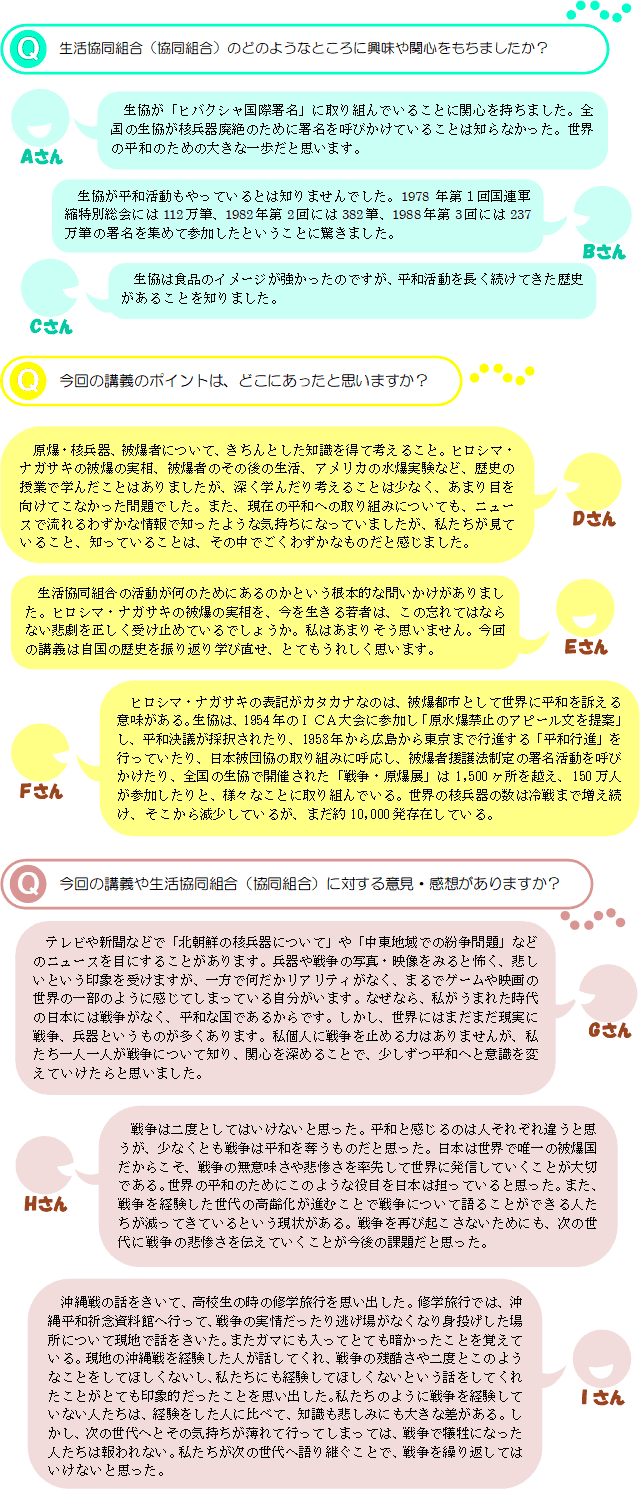 Q生活協同組合（協同組合）のどのようなところに興味や関心をもちましたか？Aさん生協が「ヒバクシャ国際署名」に取り組んでいることに関心を持ちました。全国の生協が核兵器廃絶のために署名を呼びかけていることは知らなかった。世界の平和のための大きな一歩だと思います。Bさん生協が平和活動もやっているとは知りませんでした。1978年第１回国連軍縮特別総会には112万筆、1982年第2回には382筆、1988年第3回には237万筆の署名を集めて参加したということに驚きました。Cさん生協は食品のイメージが強かったのですが、平和活動を長く続けてきた歴史があることを知りました。Q今回の講義のポイントは、どこにあったと思いますか？Dさん原爆・核兵器、被爆者について、きちんとした知識を得て考えること。ヒロシマ・ナガサキの被爆の実相、被爆者のその後の生活、アメリカの水爆実験など、歴史の授業で学んだことはありましたが、深く学んだり考えることは少なく、あまり目を向けてこなかった問題でした。また、現在の平和への取り組みについても、ニュースで流れるわずかな情報で知ったような気持ちになっていましたが、私たちが見ていること、知っていることは、その中でごくわずかなものだと感じました。Eさん生活協同組合の活動が何のためにあるのかという根本的な問いかけがありました。ヒロシマ・ナガサキの被爆の実相を、今を生きる若者は、この忘れてはならない悲劇を正しく受け止めているでしょうか。私はあまりそう思いません。今回の講義は自国の歴史を振り返り学び直せ、とてもうれしく思います。Fさんヒロシマ・ナガサキの表記がカタカナなのは、被爆都市として世界に平和を訴える意味がある。生協は、1954年のＩＣＡ大会に参加し「原水爆禁止のアピール文を提案」し、平和決議が採択されたり、1958年から広島から東京まで行進する「平和行進」を行っていたり、日本被団協の取り組みに呼応し、被爆者援護法制定の署名活動を呼びかけたり、全国の生協で開催された「戦争・原爆展」は1,500ヶ所を越え、150万人が参加したりと、様々なことに取り組んでいる。世界の核兵器の数は冷戦まで増え続け、そこから減少しているが、まだ約10,000発存在している。Q今回の講義や生活協同組合（協同組合）に対する意見・感想がありますか？Gさんテレビや新聞などで「北朝鮮の核兵器について」や「中東地域での紛争問題」などのニュースを目にすることがあります。兵器や戦争の写真・映像をみると怖く、悲しいという印象を受けますが、一方で何だかリアリティがなく、まるでゲームや映画の世界の一部のように感じてしまっている自分がいます。なぜなら、私がうまれた時代の日本には戦争がなく、平和な国であるからです。しかし、世界にはまだまだ現実に戦争、兵器というものが多くあります。私個人に戦争を止める力はありませんが、私たち一人一人が戦争について知り、関心を深めることで、少しずつ平和へと意識を変えていけたらと思いました。Hさん戦争は二度としてはいけないと思った。平和と感じるのは人それぞれ違うと思うが、少なくとも戦争は平和を奪うものだと思った。日本は世界で唯一の被爆国だからこそ、戦争の無意味さや悲惨さを率先して世界に発信していくことが大切である。世界の平和のためにこのような役目を日本は担っていると思った。また、戦争を経験した世代の高齢化が進むことで戦争について語ることができる人たちが減ってきているという現状がある。戦争を再び起こさないためにも、次の世代に戦争の悲惨さを伝えていくことが今後の課題だと思った。Iさん沖縄戦の話をきいて、高校生の時の修学旅行を思い出した。修学旅行では、沖縄平和祈念資料館へ行って、戦争の実情だったり逃げ場がなくなり身投げした場所について現地で話をきいた。またガマにも入ってとても暗かったことを覚えている。現地の沖縄戦を経験した人が話してくれ、戦争の残酷さや二度とこのようなことをしてほしくないし、私たちにも経験してほしくないという話をしてくれたことがとても印象的だったことを思い出した。私たちのように戦争を経験していない人たちは、経験をした人に比べて、知識も悲しみにも大きな差がある。しかし、次の世代へとその気持ちが薄れて行ってしまっては、戦争で犠牲になった人たちは報われない。私たちが次の世代へ語り継ぐことで、戦争を繰り返してはいけないと思った。